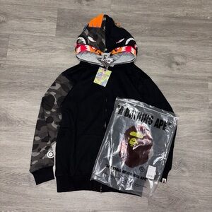 Bape Black Hoodie with Camo Sleeve & Multicolor Shark Hood